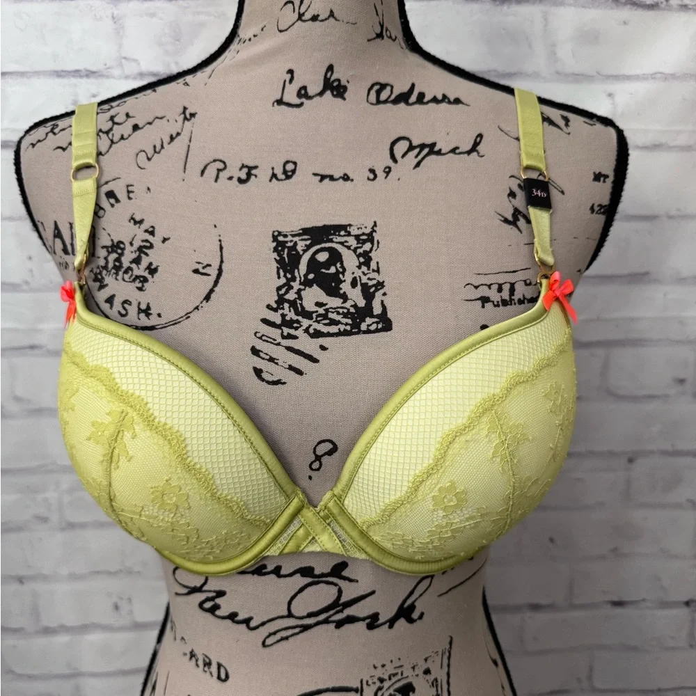 Victoria’s Secret Very Sexy Padded Demi Bra 34D Lime‎ Green Lace Bow New Flaw